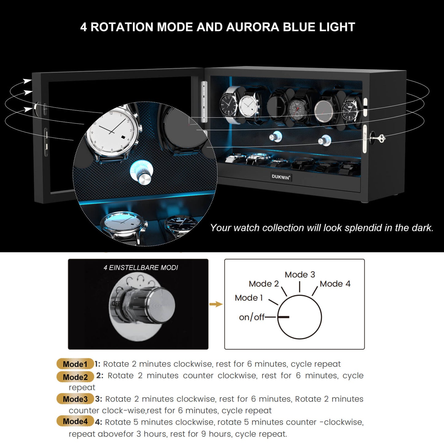 Automatik Uhrenbeweger Horizon 6 + 6 Uhren – Flüsterleise, Ebenholz-Schwarz