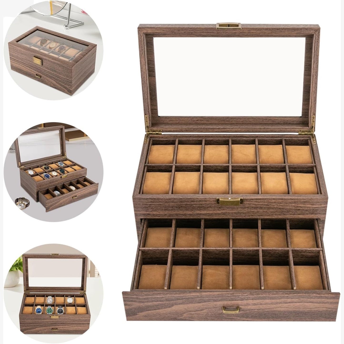 24-Slot Wooden Watch Box - Luxury Collector's Case - Two-Tier Watch Storage