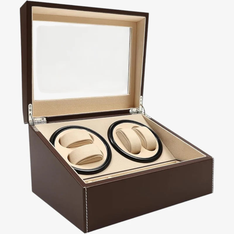 Quad Automatic Watch Winder Box with Storage - Black Leather