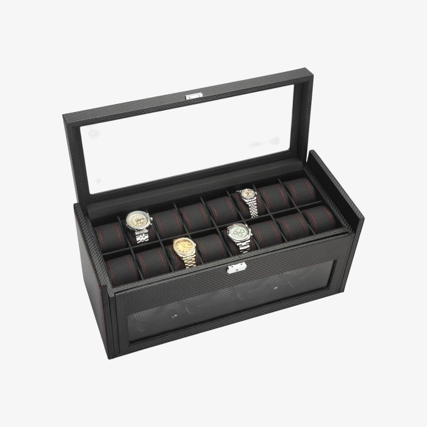 Nero 4 Watch Winder for 4 Watches + 16 Additional Compartments – Carbon Look & Red Stitching – Japanese Mabuchi Motors – Racing Design