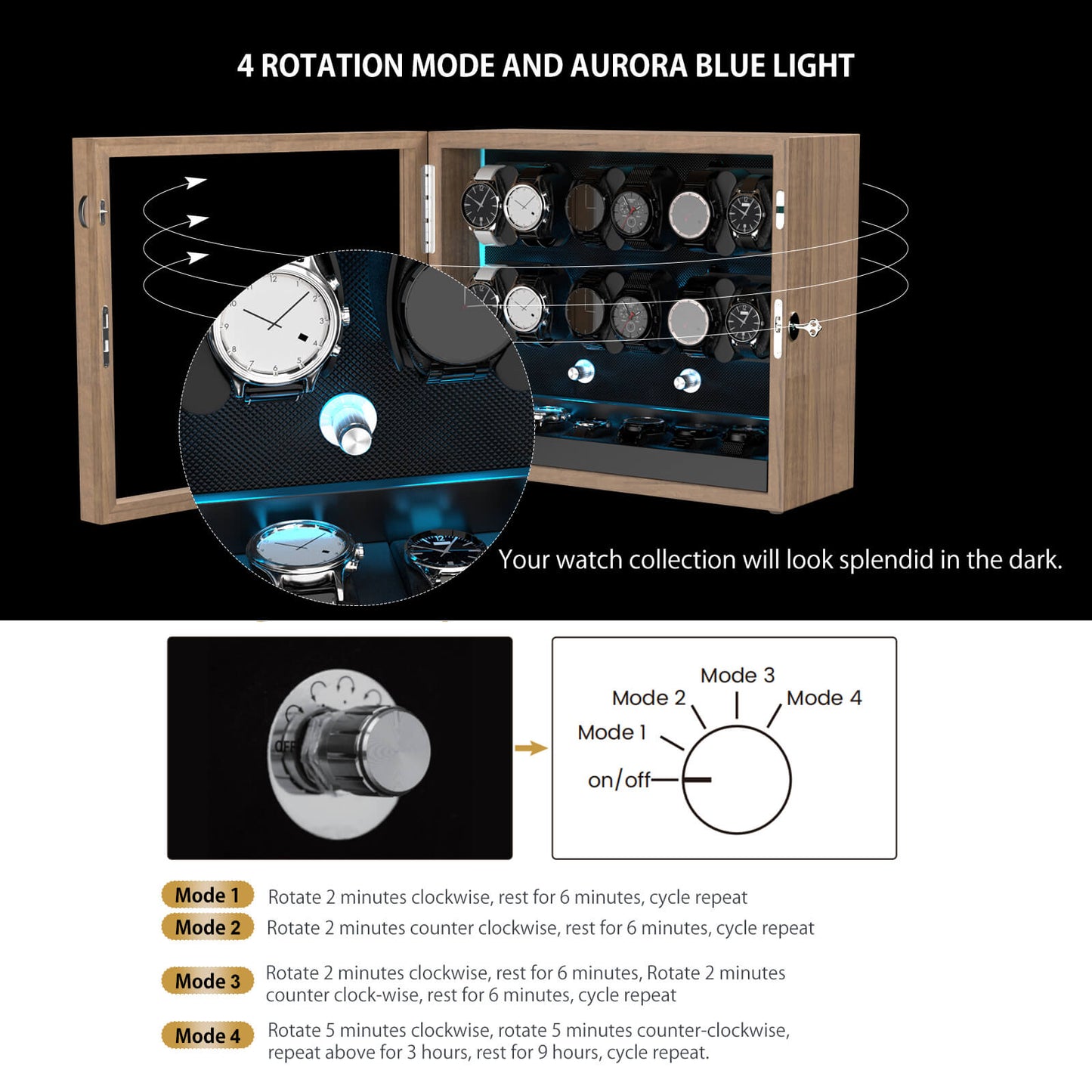 Großer Automatik Uhrenbeweger 12 Uhren (+6 Aufbewahrung) - Leiser Premium Uhrenbeweger für Rolex, Holzoptik mit LED