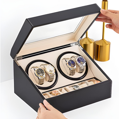 Remontoir Montre Automatique 4 Montres – Cuir Noir – Silencieux