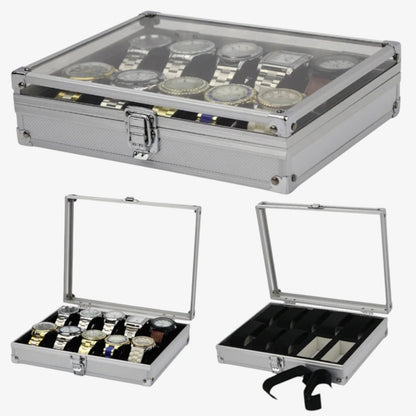 Brushed aluminum watch box - Shockproof storage case 6 to 12 slots - Automatic and quartz watch case