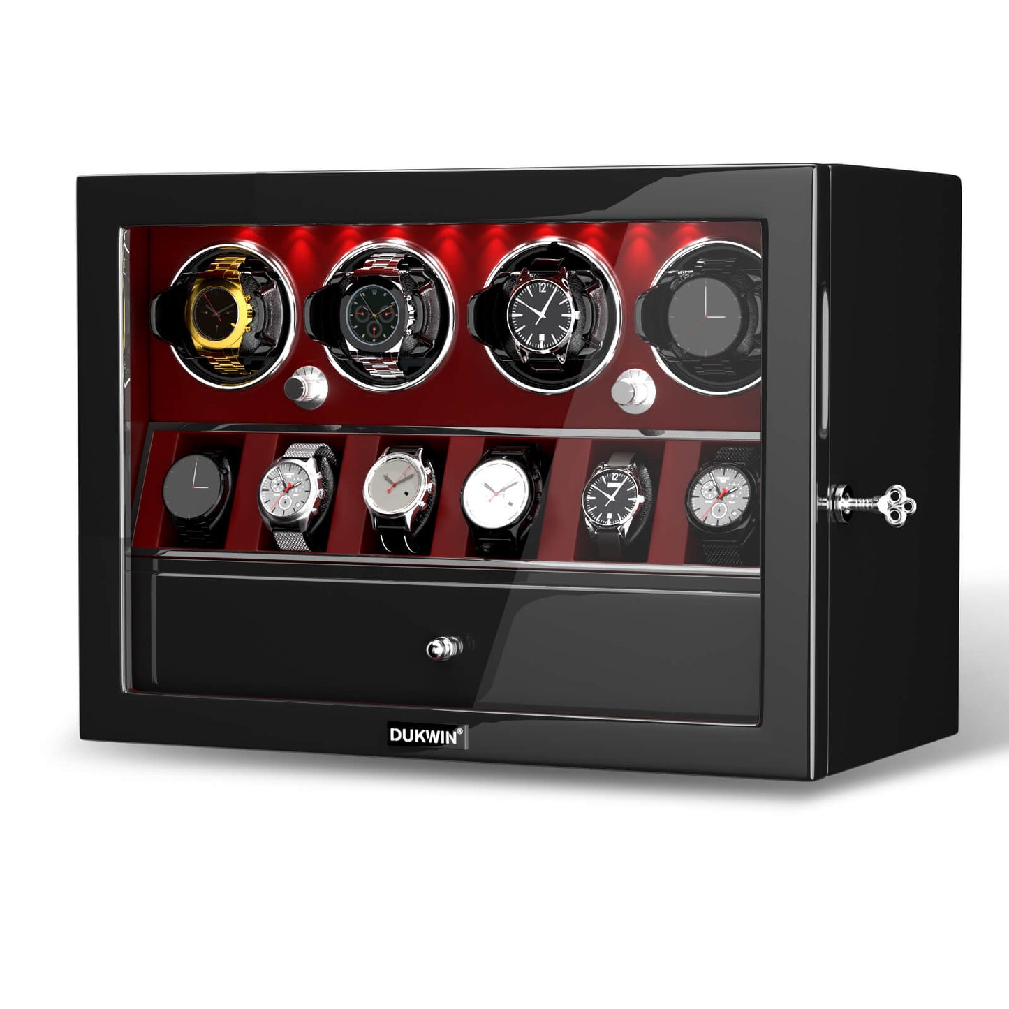 Uhrenbeweger 4 Uhren mit Display für 6 weitere Automatikuhren – Burl Rot Kollektion
