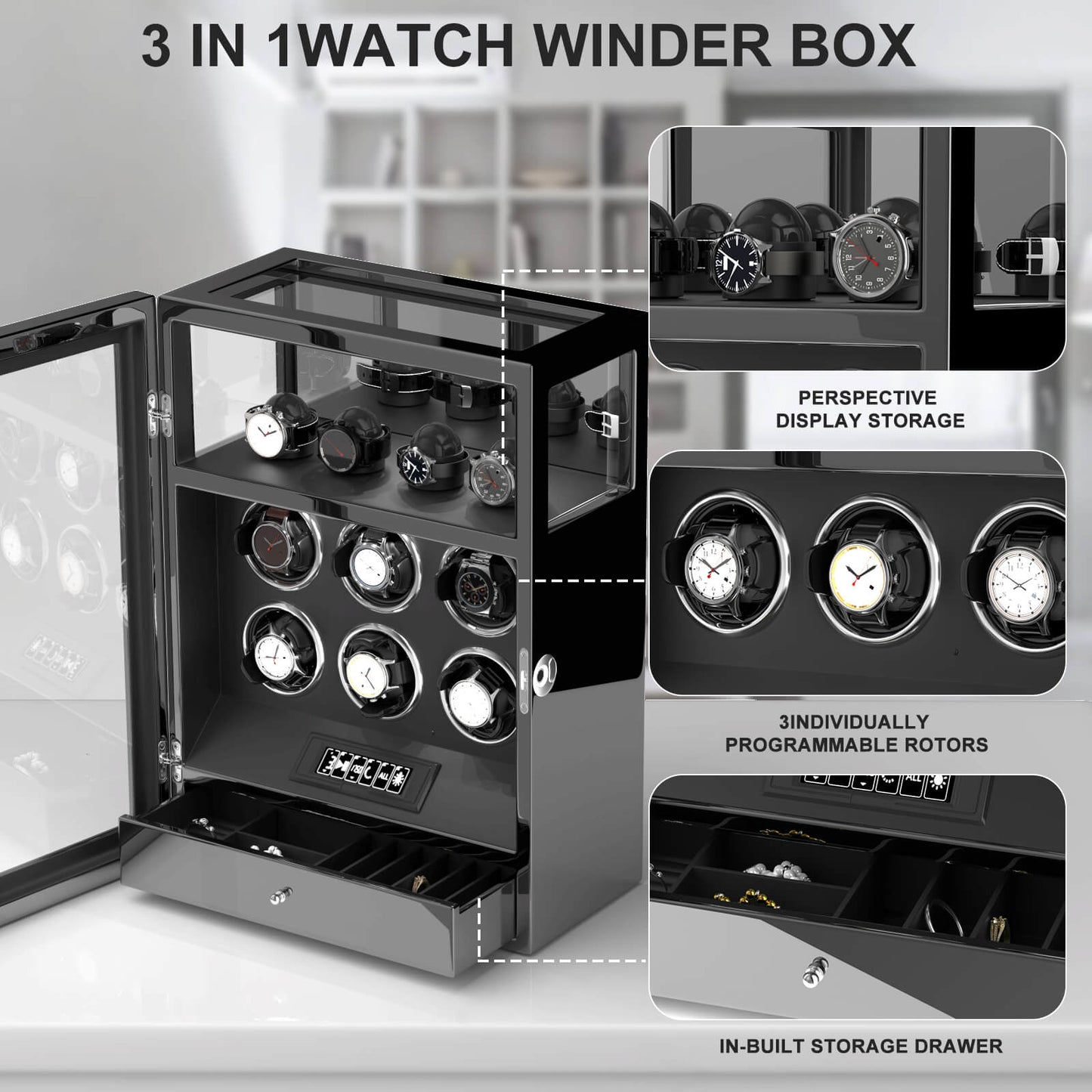 Uhrenbeweger 6 Uhren mit Fingerabdruck-Sperre und LCD-Touchscreen – Obsidian Schwarz