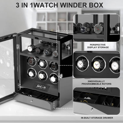Uhrenbeweger 6 Uhren mit Fingerabdruck-Sperre und LCD-Touchscreen – Obsidian Schwarz