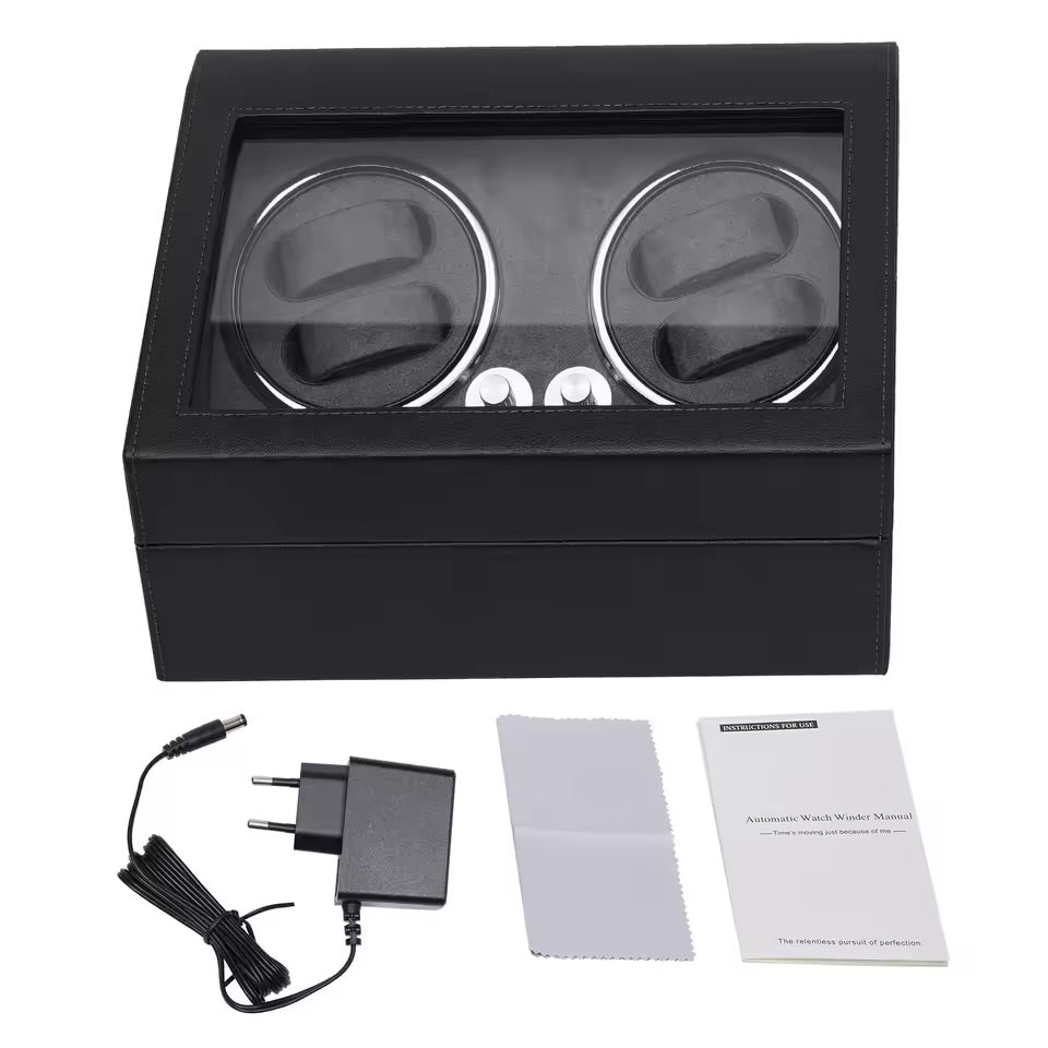 Black Automatic Watch Winder - Rotating Case for 4 Watches + 6 Storage Slots - Silent Luxury Watch Winder