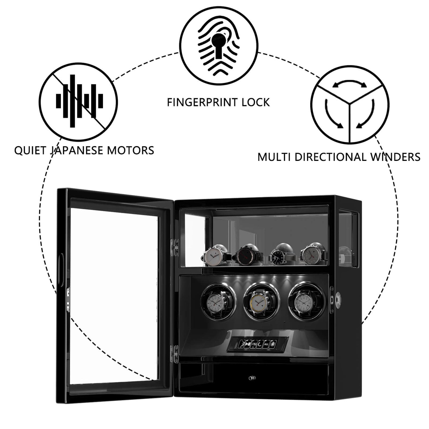 Uhrenbeweger 3 Uhren mit Fingerabdruck-Sperre und LCD-Touchscreen – Obsidian Schwarz