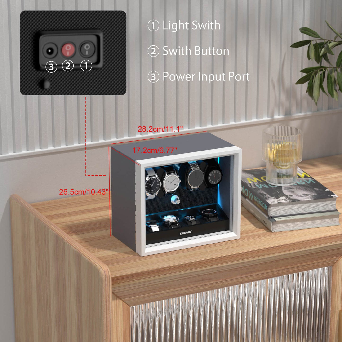 Automatik Uhrenbeweger Horizon 4 + 4 Uhren – Flüsterleise, Seidengrau Matt (Ideal für Rolex)