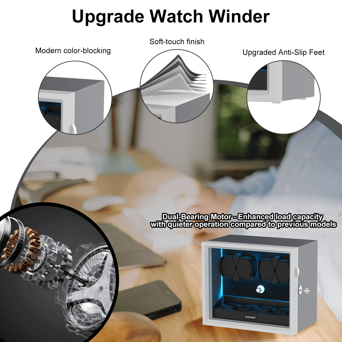 Automatik Uhrenbeweger Horizon 4 + 4 Uhren – Flüsterleise, Seidengrau Matt (Ideal für Rolex)