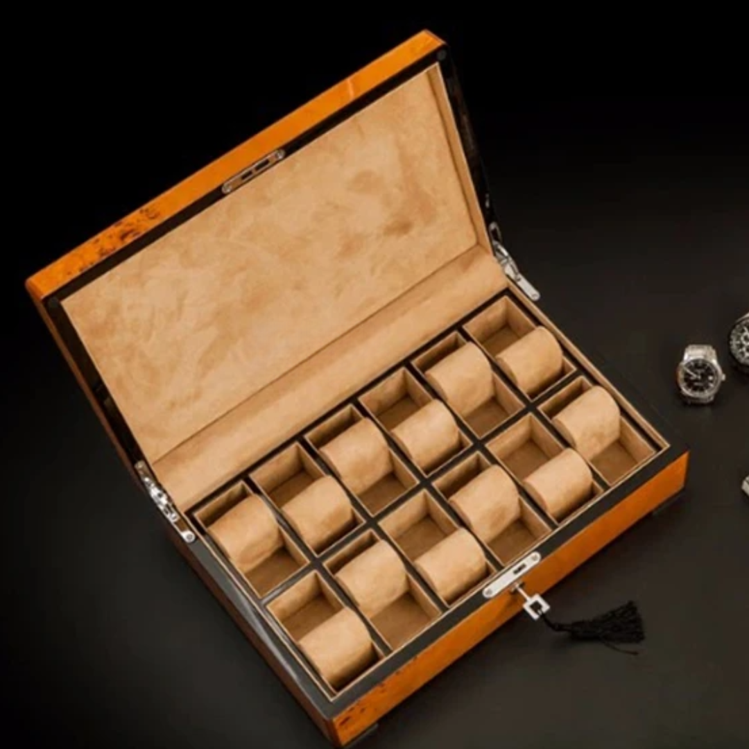 Uhrenbox – 12 Fächer – Holz – Samt-Innenausstattung