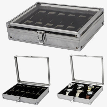 Brushed aluminum watch box - Shockproof storage case 6 to 12 slots - Automatic and quartz watch case