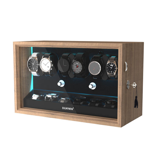 Automatik Uhrenbeweger Horizon 6 + 6 Uhren – Flüsterleise, Edle Holzmaserung (Ideal für Rolex)
