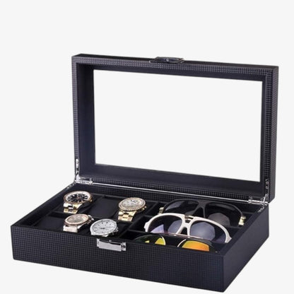 Boite a montre homme Routine - Rangement pour 6 montres et accessoires - Coffret luxe en carbone, bois ou cuir