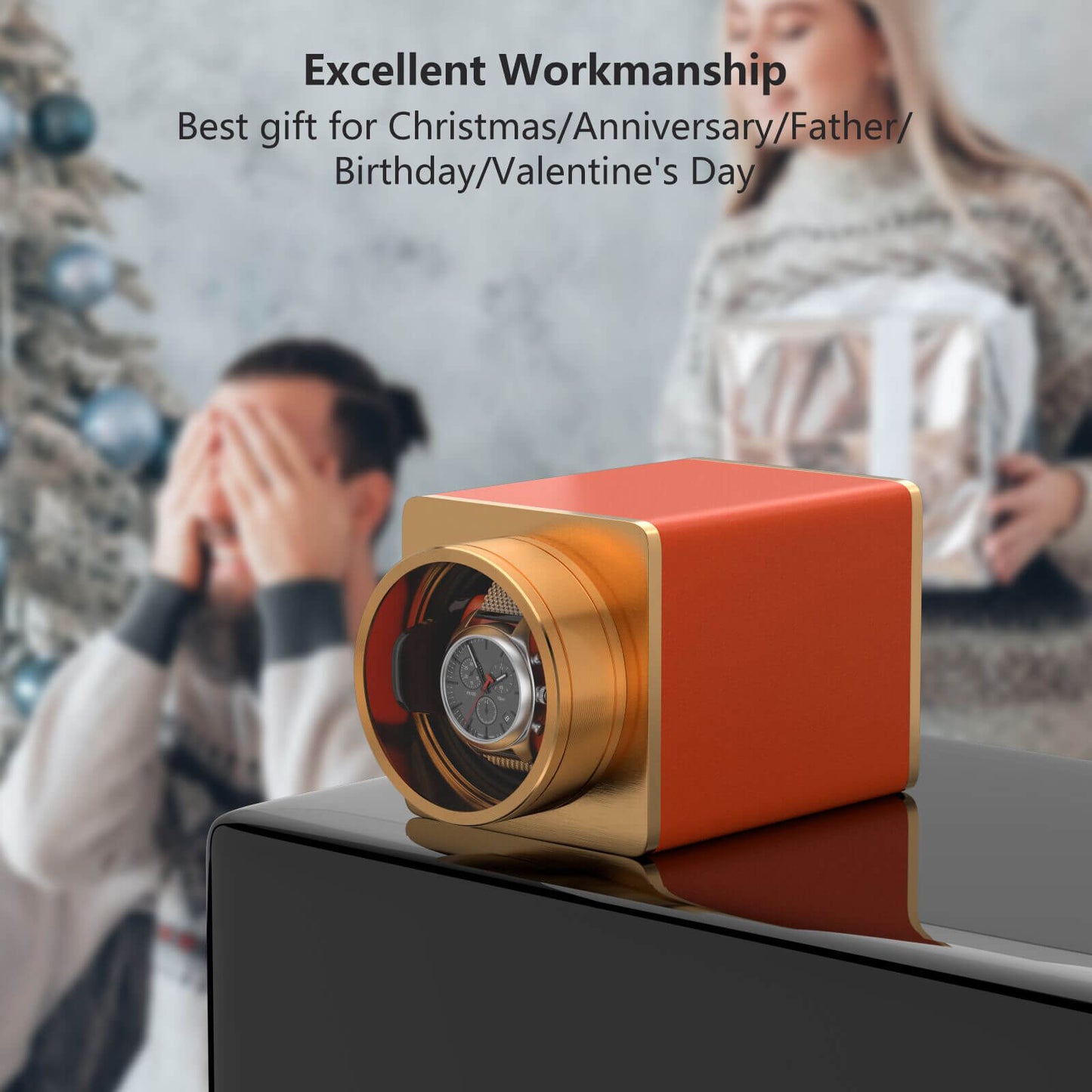 Automatik Uhrenbeweger 1 Uhr - Extrem Leiser Premium Uhrenbeweger für Rolex & Mechanische Uhren, Veganes Leder (Flame Orange)