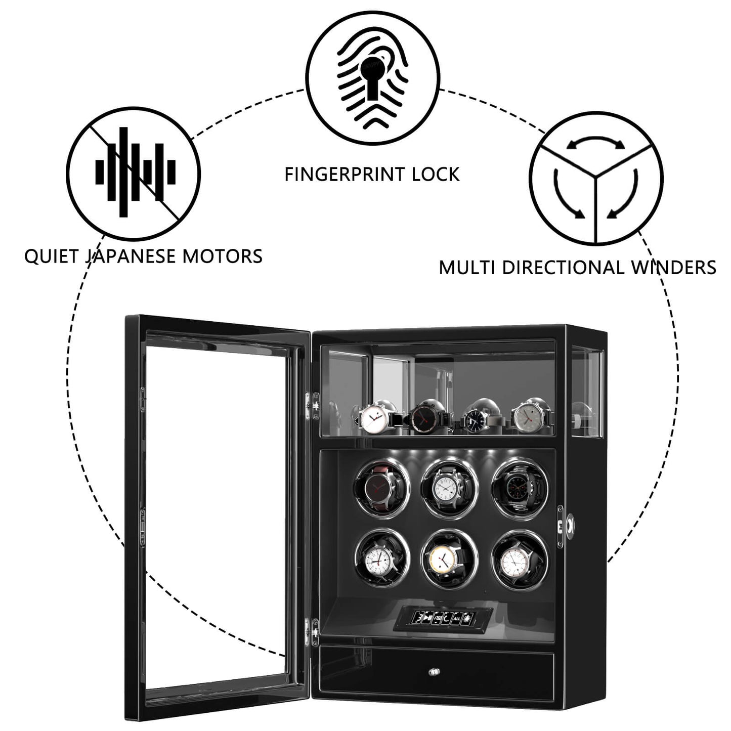 Uhrenbeweger 6 Uhren mit Fingerabdruck-Sperre und LCD-Touchscreen – Obsidian Schwarz