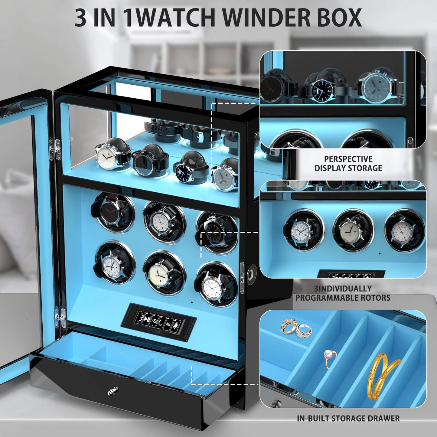 Uhrenbeweger 6 Uhren mit Fingerabdruck-Sperre, LCD-Touchscreen und patentiertem Design
