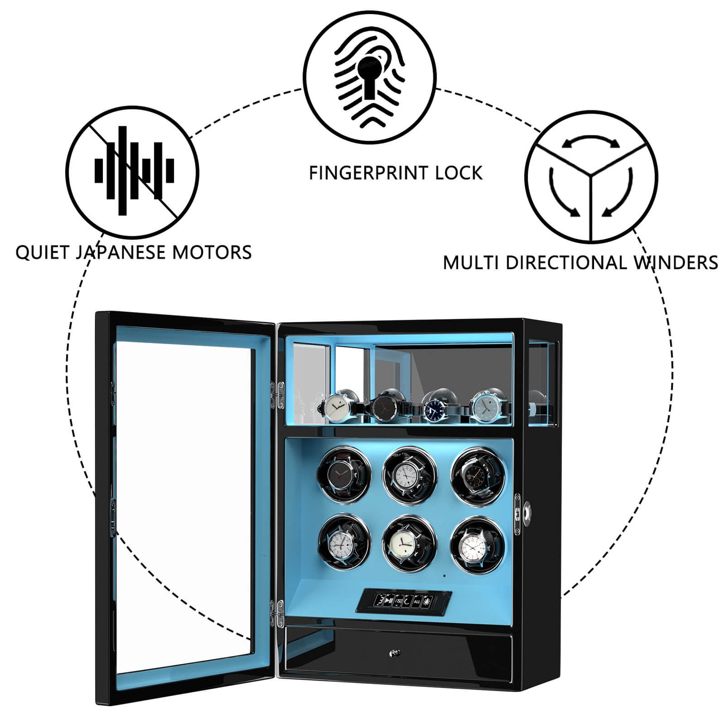 Uhrenbeweger 6 Uhren mit Fingerabdruck-Sperre, LCD-Touchscreen und patentiertem Design