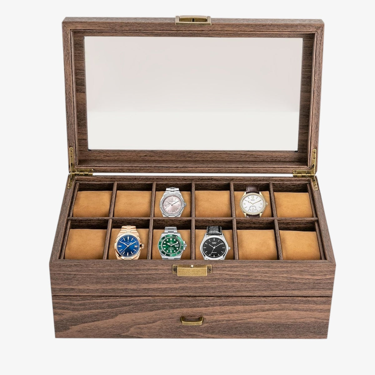 Uhrenbox für 24 Uhren Holz-Optik – Große Uhrenschatulle mit Glasdeckel & Metallschloss – Edle XL Aufbewahrung Braun