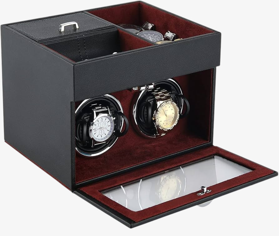 Remontoir montre automatique 2 slots - Coffret rotatif de luxe pour 2 montres - Remontoir montre silencieux en cuir