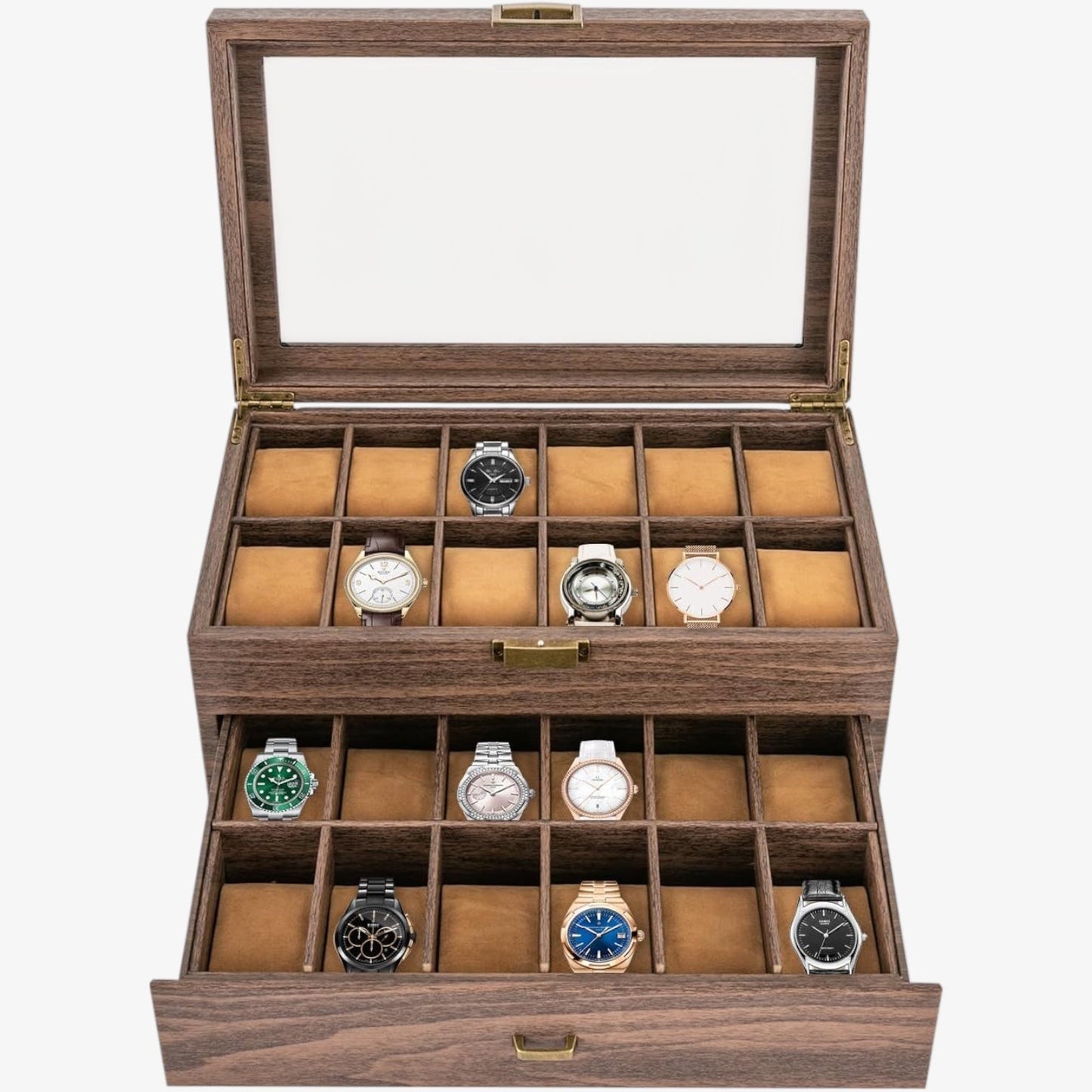 24-Slot Wooden Watch Box - Luxury Collector's Case - Two-Tier Watch Storage