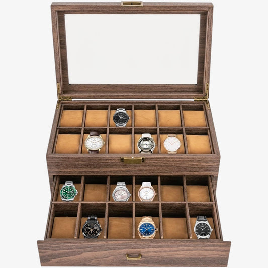 24-Slot Wooden Watch Box - Luxury Collector's Case - Two-Tier Watch Storage