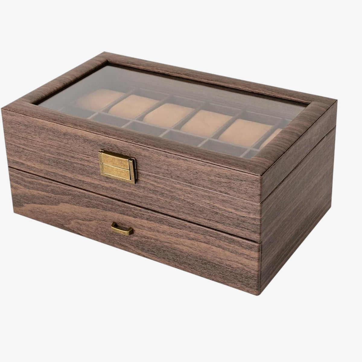 Uhrenbox für 24 Uhren Holz-Optik – Große Uhrenschatulle mit Glasdeckel & Metallschloss – Edle XL Aufbewahrung Braun