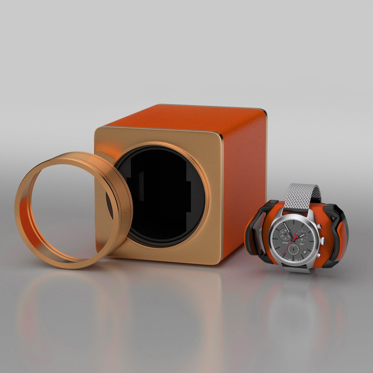 Automatik Uhrenbeweger 1 Uhr - Extrem Leiser Premium Uhrenbeweger für Rolex & Mechanische Uhren, Veganes Leder (Flame Orange)