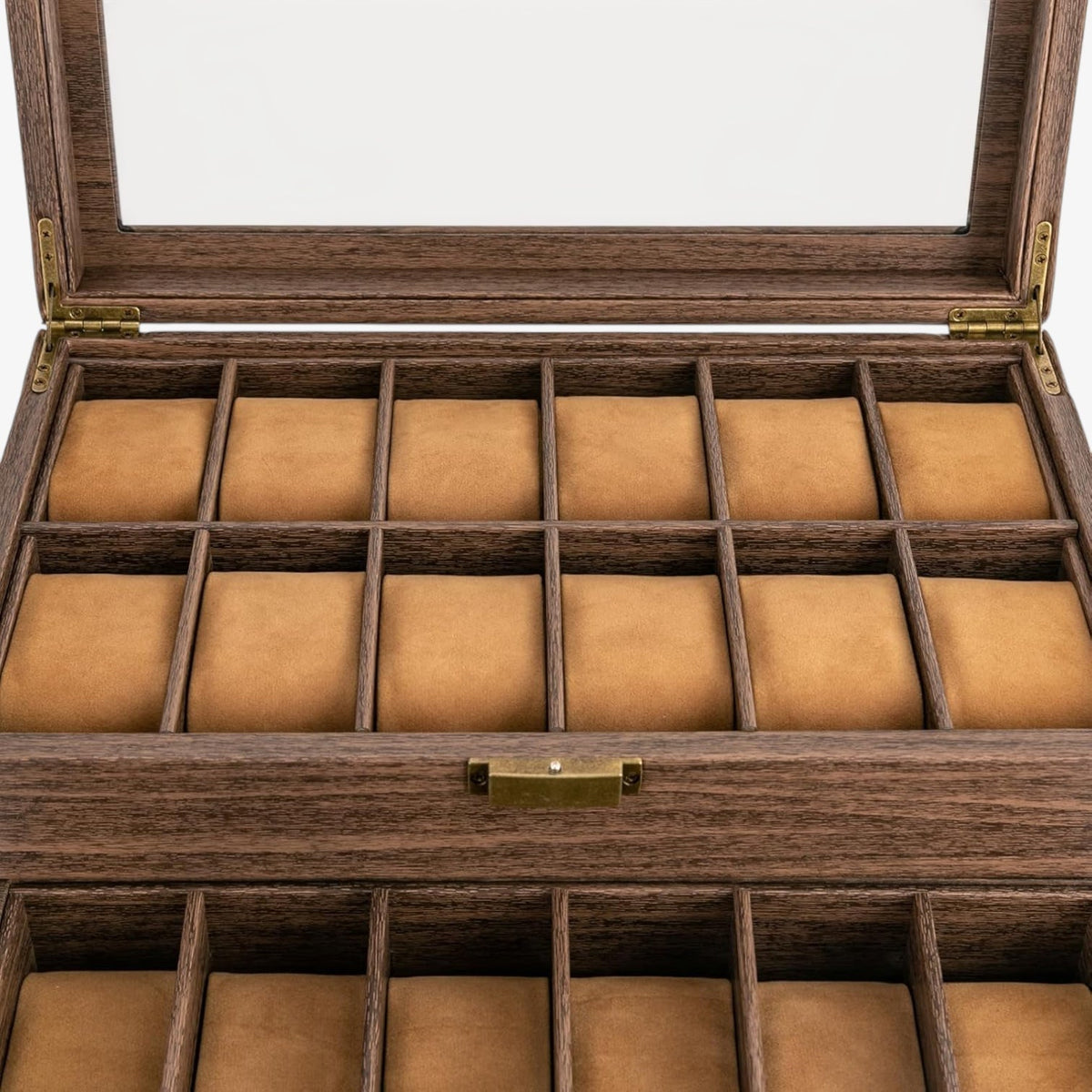 Uhrenbox für 24 Uhren Holz-Optik – Große Uhrenschatulle mit Glasdeckel & Metallschloss – Edle XL Aufbewahrung Braun