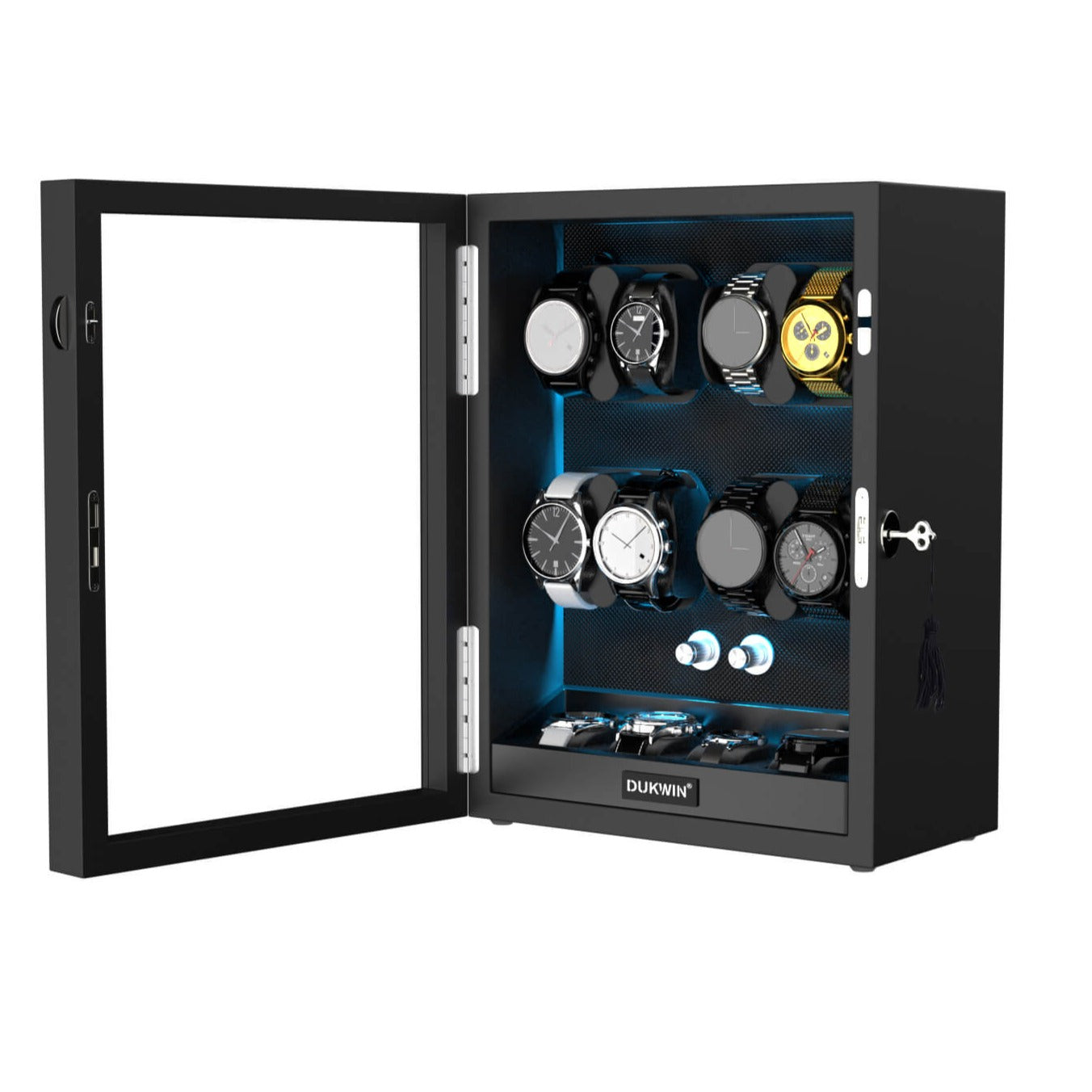 Automatik Uhrenbeweger 8+4 Uhren - Extrem Leiser Premium Holz Uhrenbeweger mit LED für alle Automatikuhren (Schwarz)