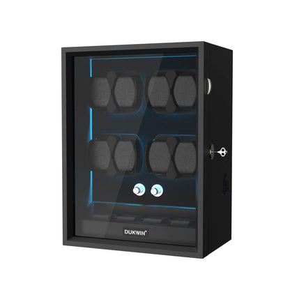 Automatik Uhrenbeweger 8+4 Uhren - Extrem Leiser Premium Holz Uhrenbeweger mit LED für alle Automatikuhren (Schwarz)