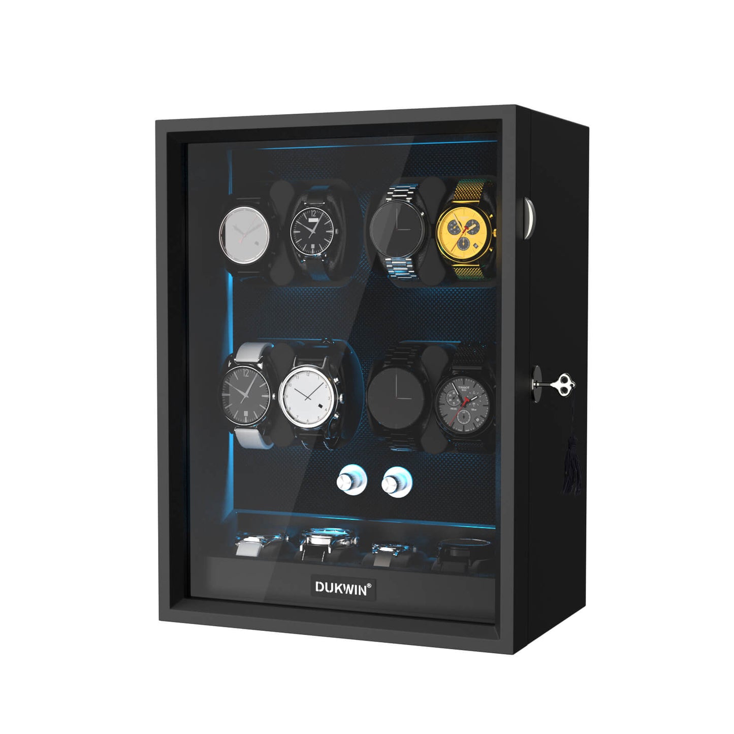 Automatik Uhrenbeweger 8+4 Uhren - Extrem Leiser Premium Holz Uhrenbeweger mit LED für alle Automatikuhren (Schwarz)
