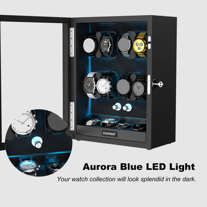 Automatik Uhrenbeweger 8+4 Uhren - Extrem Leiser Premium Holz Uhrenbeweger mit LED für alle Automatikuhren (Schwarz)
