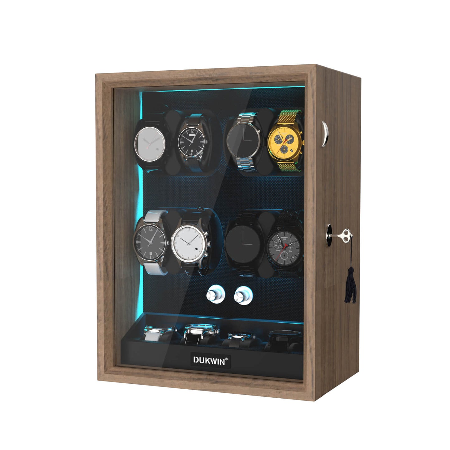 Automatik Uhrenbeweger 8+4 Uhren - Extrem Leiser Premium Holz Uhrenbeweger mit LED für alle Automatikuhren