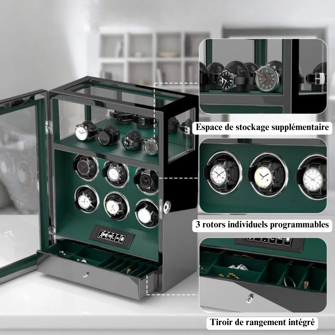 Remontoir Montre Automatique - Silencieux - 6 Montres - Cuir Noir