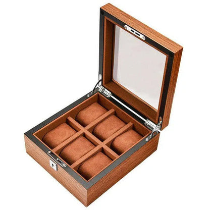 Men's Savannah Pine Wood Watch Box - Storage Case with 5, 6, or 8 Slots and Glass Lid
