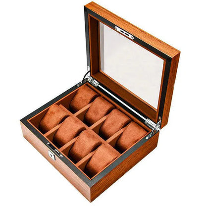 Men's Savannah Pine Wood Watch Box - Storage Case with 5, 6, or 8 Slots and Glass Lid