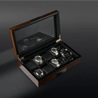 Men's Walnut Wood Watch Box Cabane - 10 Slot Case with Glass Top and Premium Velvet