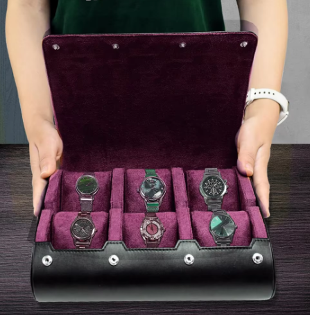 Uhrenbox Leder für 6 Uhren – Luxus Uhrenkasten mit Amethyst Innenfutter – Uhren Aufbewahrungsbox
