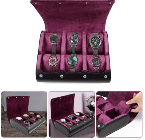 Uhrenbox Leder für 6 Uhren – Luxus Uhrenkasten mit Amethyst Innenfutter – Uhren Aufbewahrungsbox