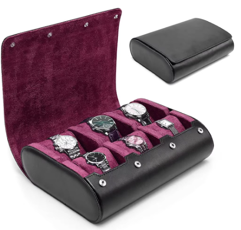 Uhrenbox Leder für 6 Uhren – Luxus Uhrenkasten mit Amethyst Innenfutter – Uhren Aufbewahrungsbox
