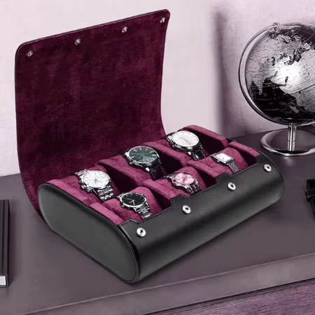Uhrenbox Leder für 6 Uhren – Luxus Uhrenkasten mit Amethyst Innenfutter – Uhren Aufbewahrungsbox