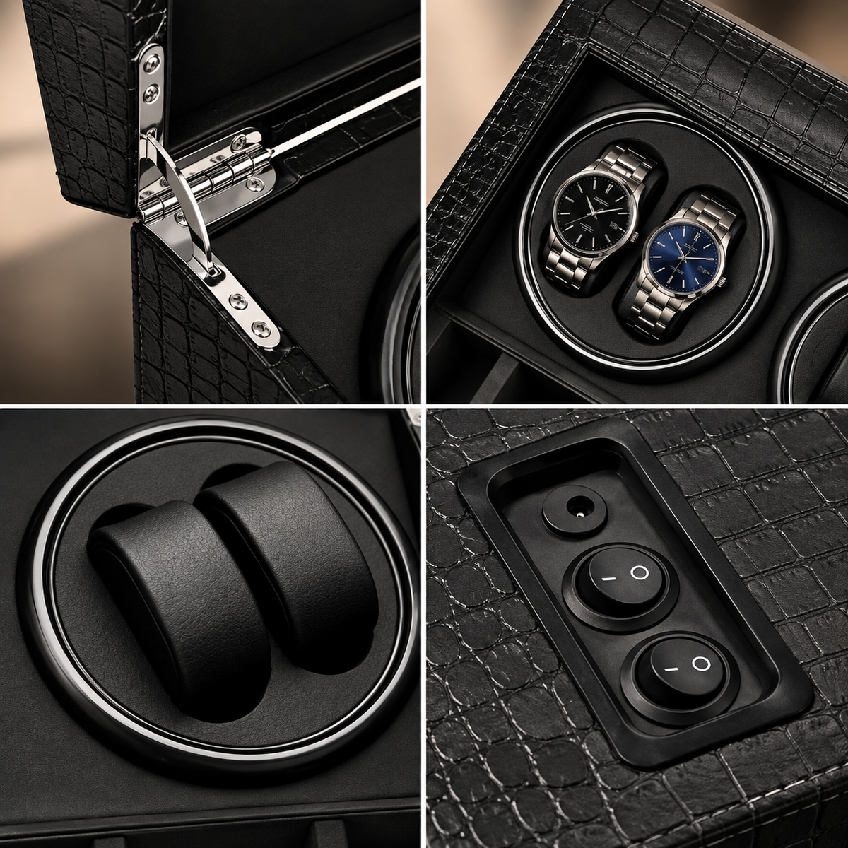 Remontoir Montre Automatique 4 Montres – Cuir Noir – Silencieux
