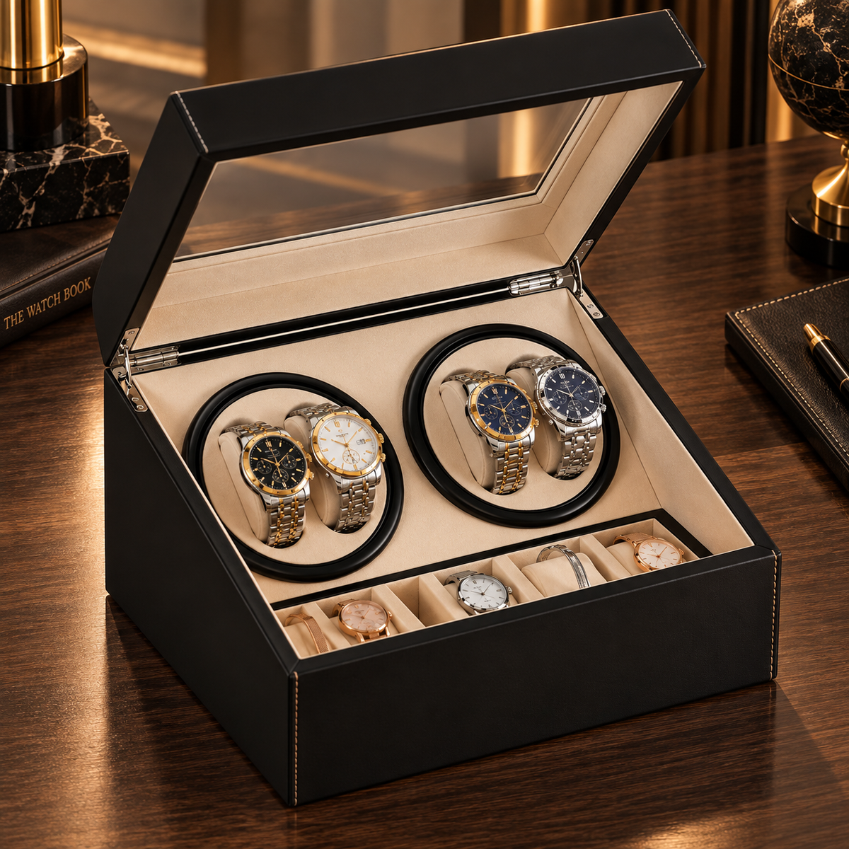 Remontoir Montre Automatique 4 Montres – Cuir Noir – Silencieux