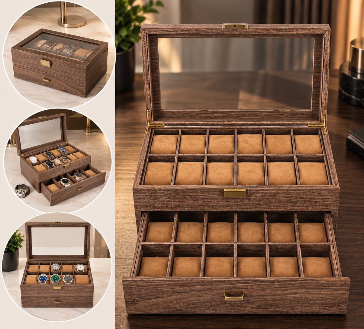 Uhrenbox für 24 Uhren Holz-Optik – Große Uhrenschatulle mit Glasdeckel & Metallschloss – Edle XL Aufbewahrung Braun