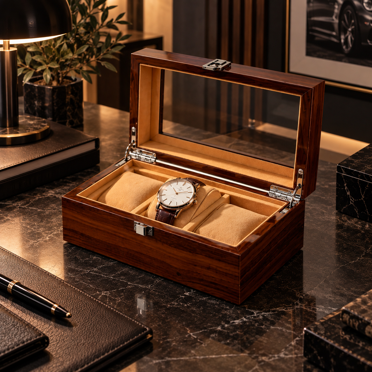 Uhrenbox Holz für 3 Uhren – Eleganter Uhrenkasten aus Holz – Uhren Aufbewahrungsbox