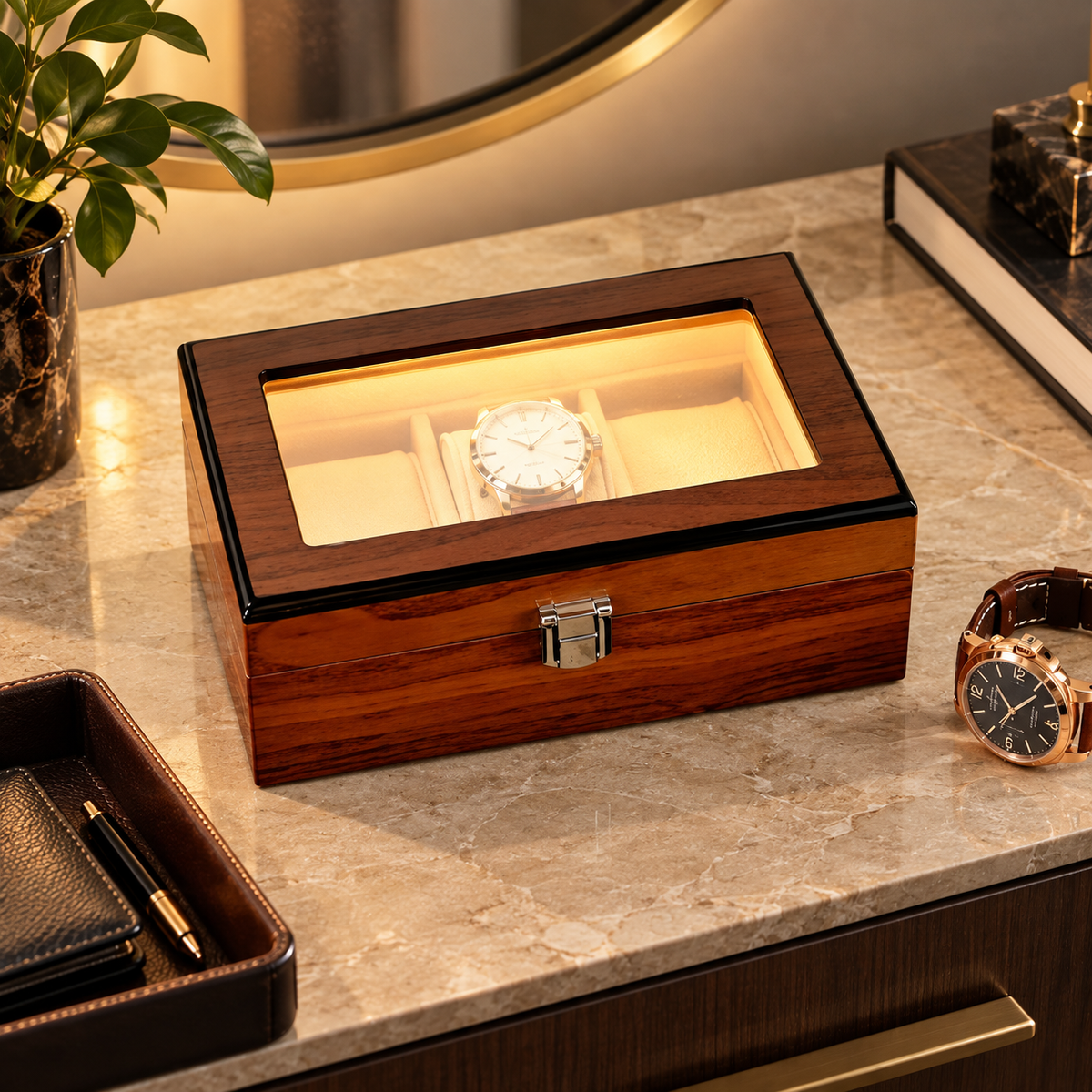 Uhrenbox Holz für 3 Uhren – Eleganter Uhrenkasten aus Holz – Uhren Aufbewahrungsbox