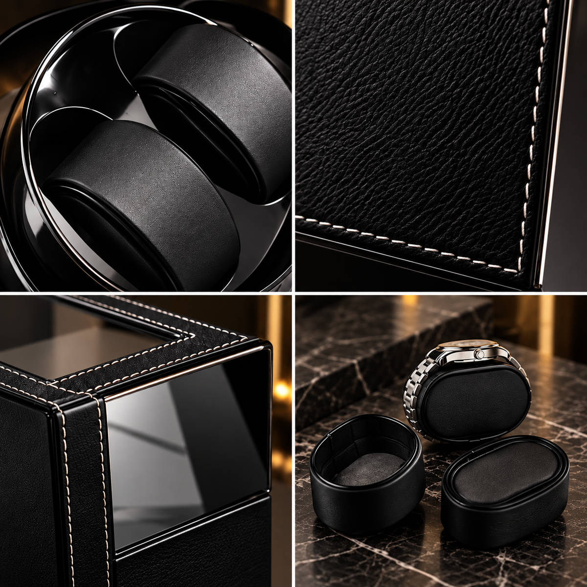 Remontoir Montre Automatique 2 Montres – cuir noir – Silencieux