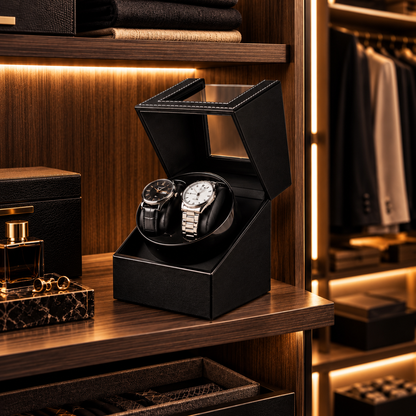 Remontoir Montre Automatique 2 Montres – cuir noir – Silencieux