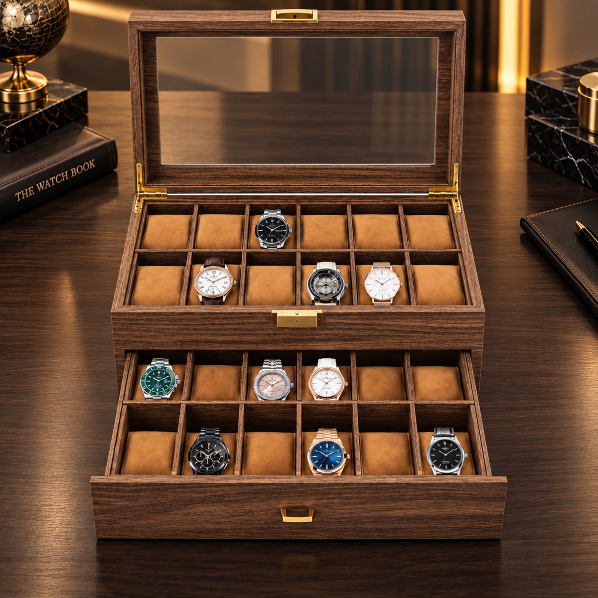 Boîte à montre en bois 24 slots - Coffret de luxe pour collectionneur - Rangement montres à double étage